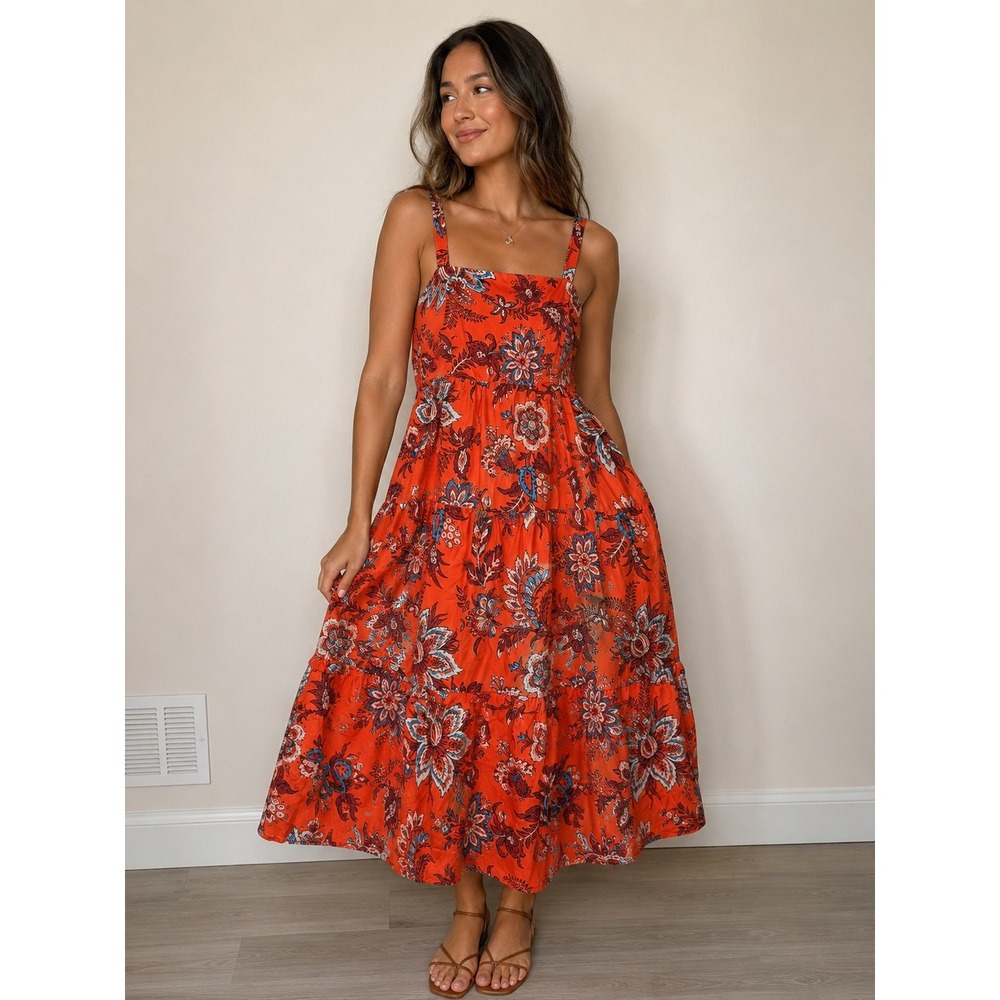 Rhode x Target Orange Floral Tiered Smocked Midi Dress Womens Plus Size 1X‎
